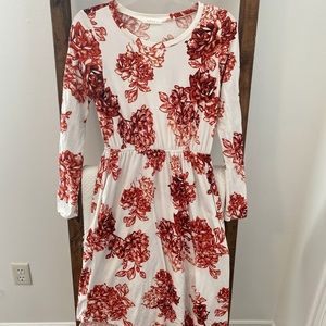 Red & White Floral Midi Dress